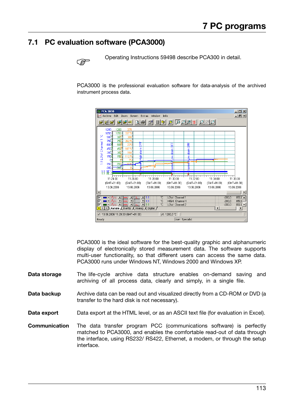 7 pc programs, 1 pc evaluation software (pca3000), Pc programs | Pc evaluation software (pca3000) | West Control Solutions DataVU 5 User Manual | Page 113 / 136
