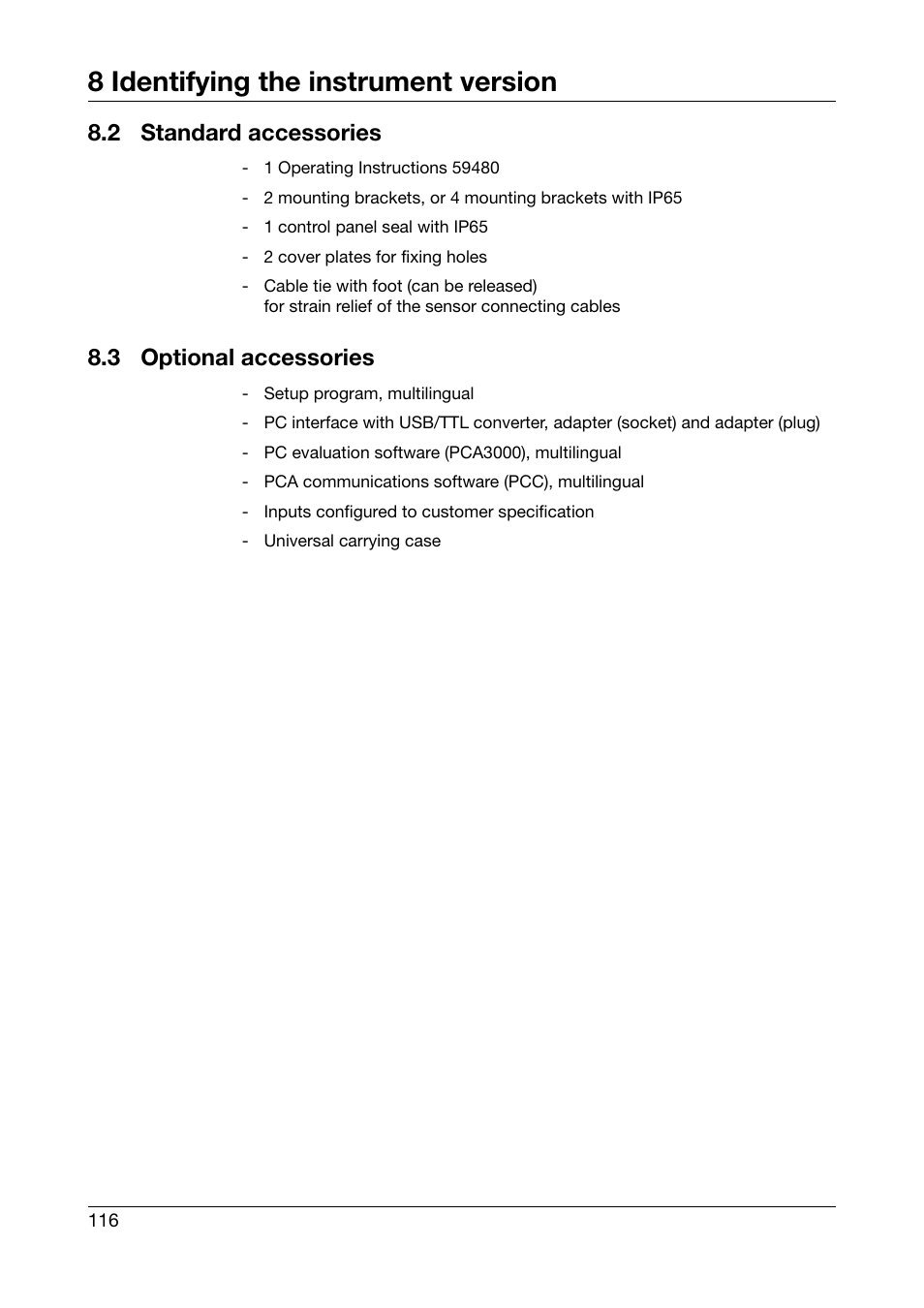 2 standard accessories, 3 optional accessories, Standard accessories | Optional accessories, 8 identifying the instrument version | West Control Solutions DataVU 5 User Manual | Page 116 / 136