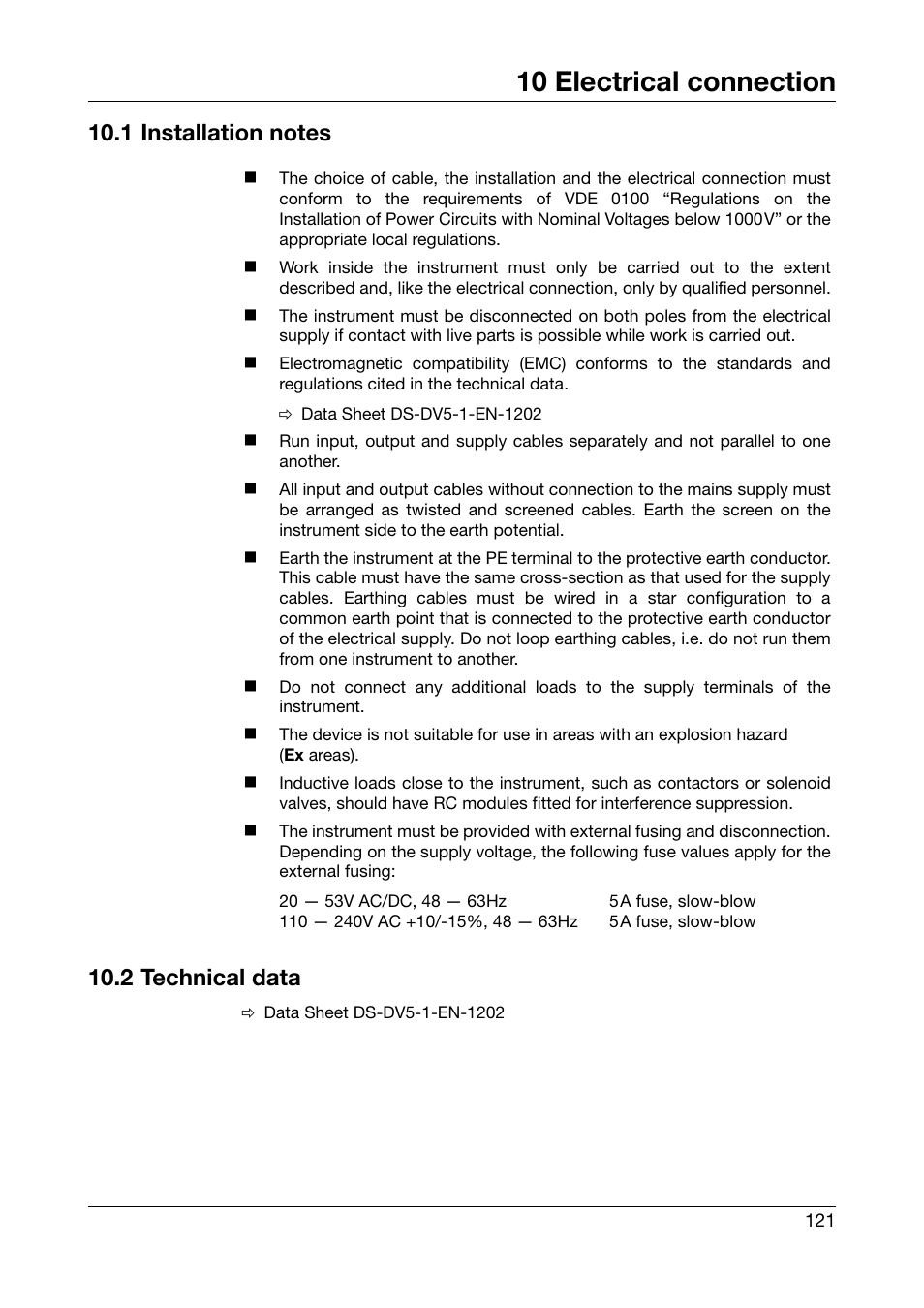 10 electrical connection, 1 installation notes, 2 technical data | Electrical connection | West Control Solutions DataVU 5 User Manual | Page 121 / 136