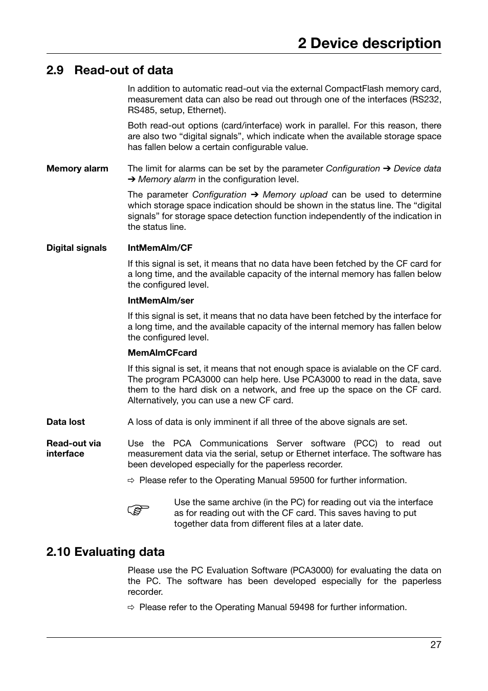 9 read-out of data, 10 evaluating data, Read-out of data | 2 device description | West Control Solutions DataVU 5 User Manual | Page 27 / 136