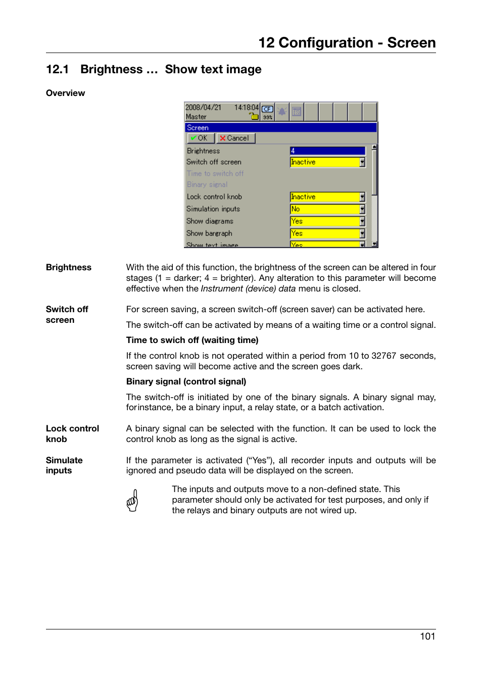 12 configuration - screen, 1 brightness … show text image, Configuration - screen | Brightness … show text image | West Control Solutions DataVU 7 User Manual | Page 101 / 208