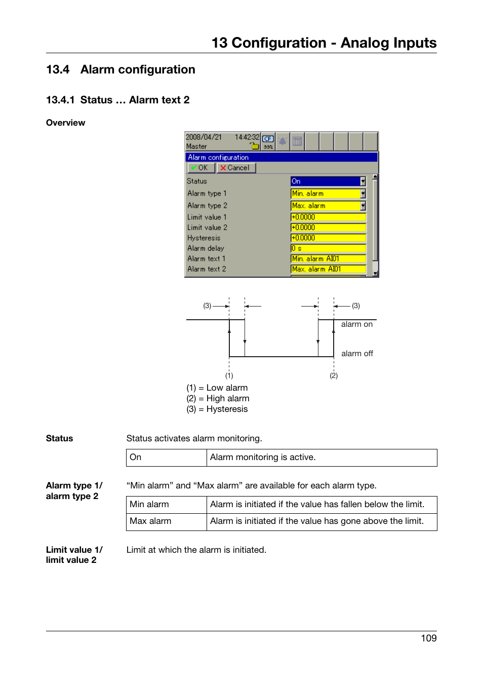 4 alarm configuration, 1 status … alarm text 2, Alarm configuration | Chapter 13.4 “alarm configuration, 13 configuration - analog inputs | West Control Solutions DataVU 7 User Manual | Page 109 / 208