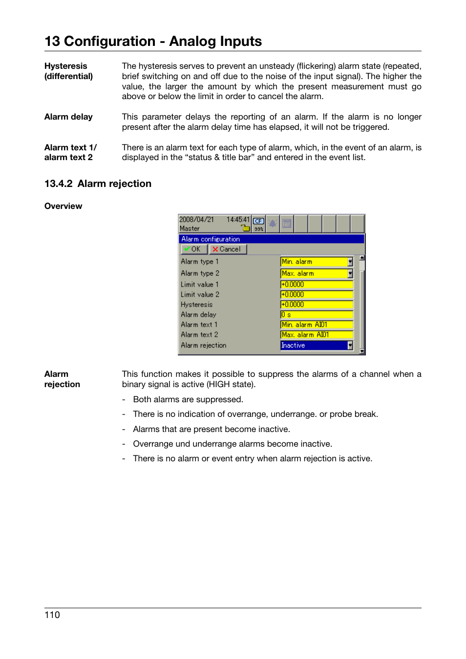 2 alarm rejection, 13 configuration - analog inputs | West Control Solutions DataVU 7 User Manual | Page 110 / 208