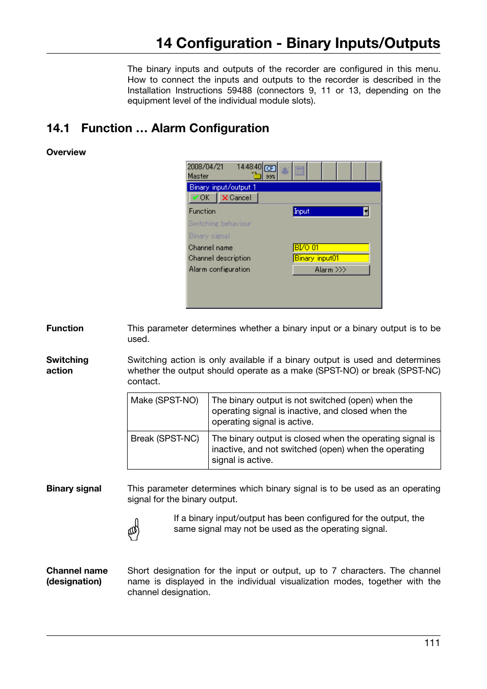 14 configuration - binary inputs/outputs, 1 function … alarm configuration, Configuration - binary inputs/outputs | Function … alarm configuration, Chapter 14 “configuration - binary inputs/outputs | West Control Solutions DataVU 7 User Manual | Page 111 / 208
