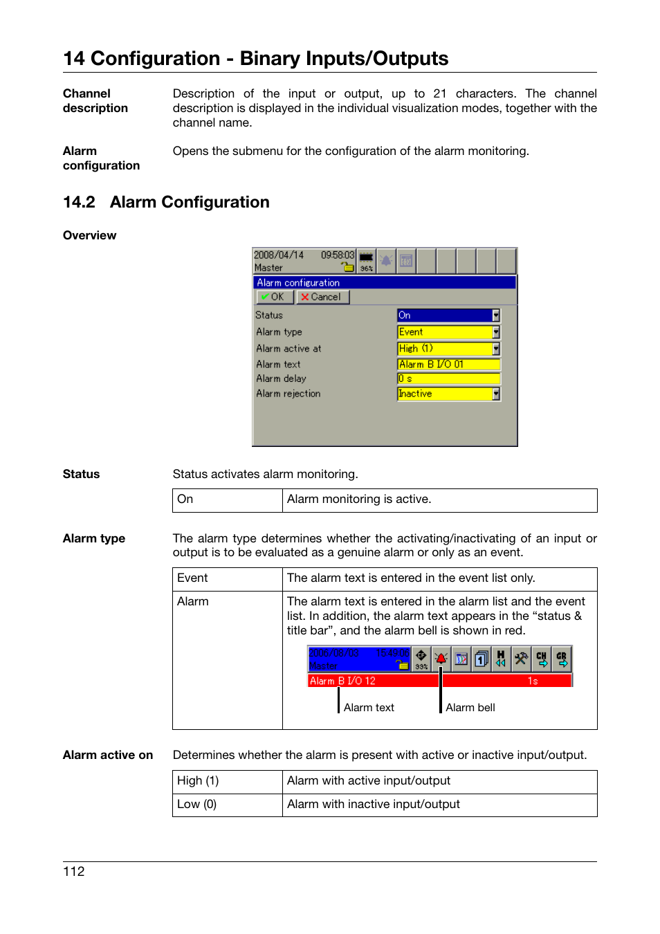 2 alarm configuration, Alarm configuration, Chapter 14.2 “alarm configuration | 14 configuration - binary inputs/outputs | West Control Solutions DataVU 7 User Manual | Page 112 / 208