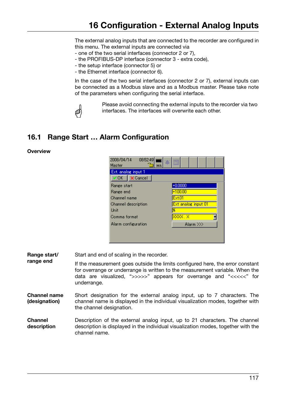 16 configuration - external analog inputs, 1 range start … alarm configuration, Configuration - external analog inputs | Range start … alarm configuration | West Control Solutions DataVU 7 User Manual | Page 117 / 208
