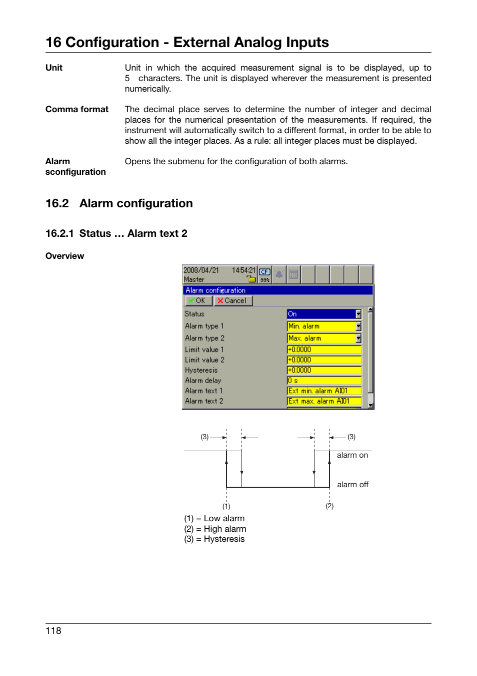 2 alarm configuration, 1 status … alarm text 2, Alarm configuration | 16 configuration - external analog inputs | West Control Solutions DataVU 7 User Manual | Page 118 / 208