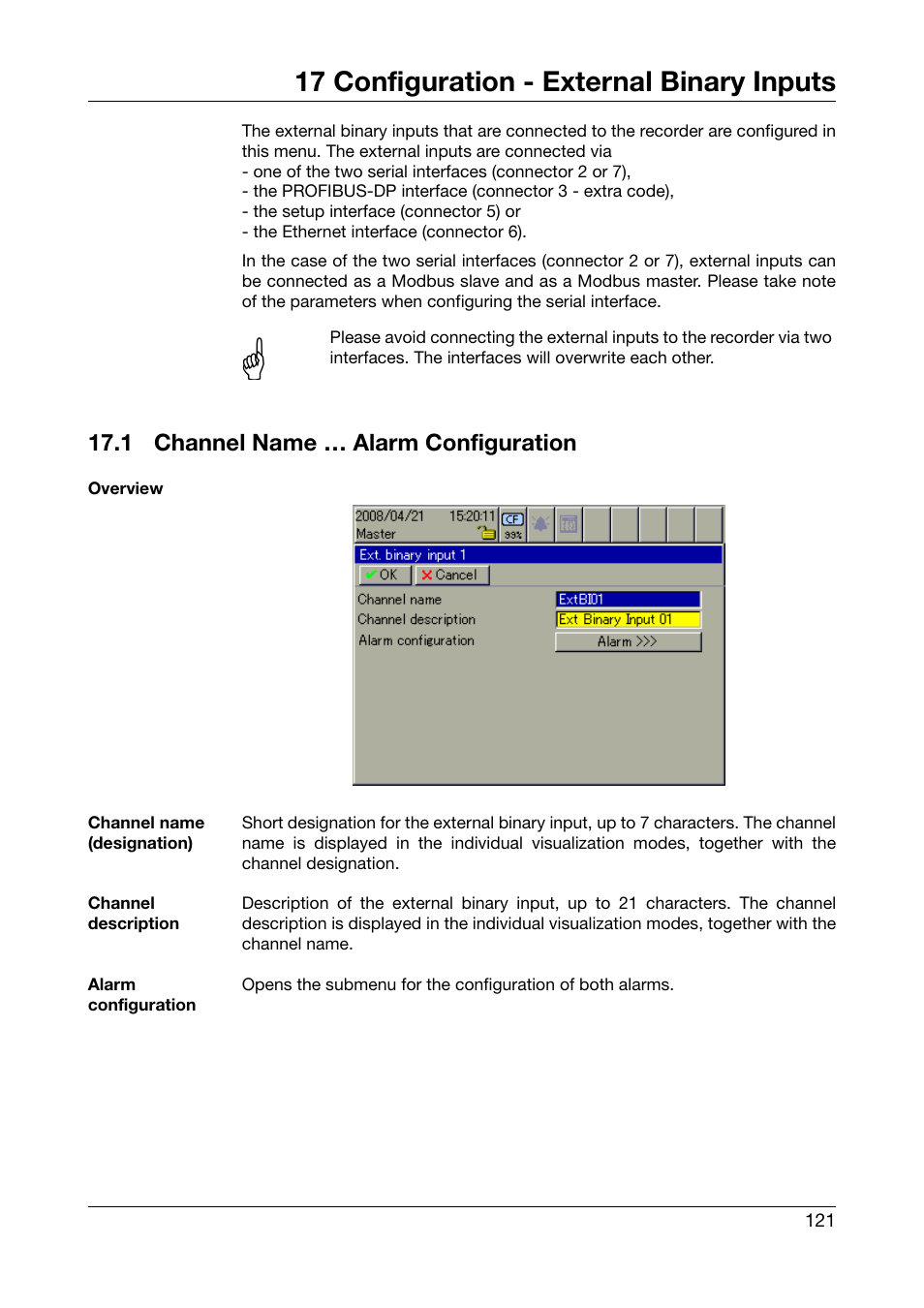 17 configuration - external binary inputs, 1 channel name … alarm configuration, Configuration - external binary inputs | Channel name … alarm configuration, Chapter 17 “configuration - external binary inputs | West Control Solutions DataVU 7 User Manual | Page 121 / 208