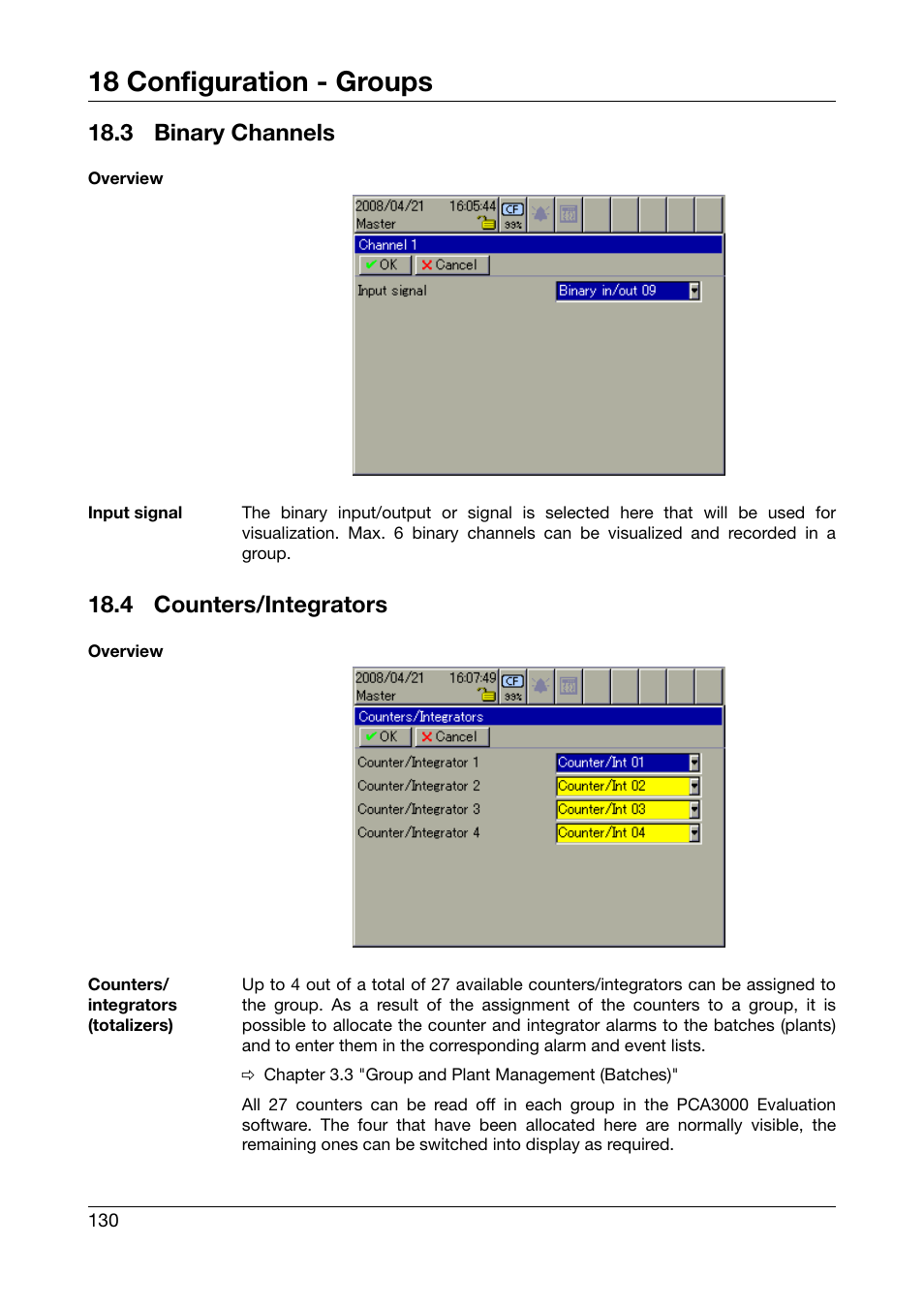 3 binary channels, 4 counters/integrators, Binary channels | Counters/integrators, 18 configuration - groups | West Control Solutions DataVU 7 User Manual | Page 130 / 208