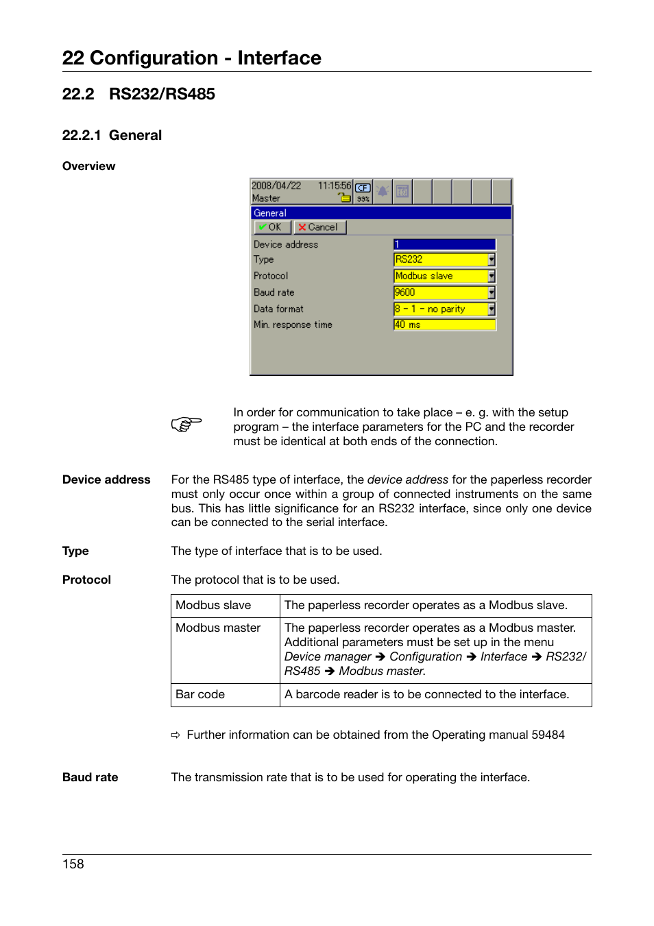 2 rs232/rs485, 1 general, Rs232/rs485 | 22 configuration - interface | West Control Solutions DataVU 7 User Manual | Page 158 / 208