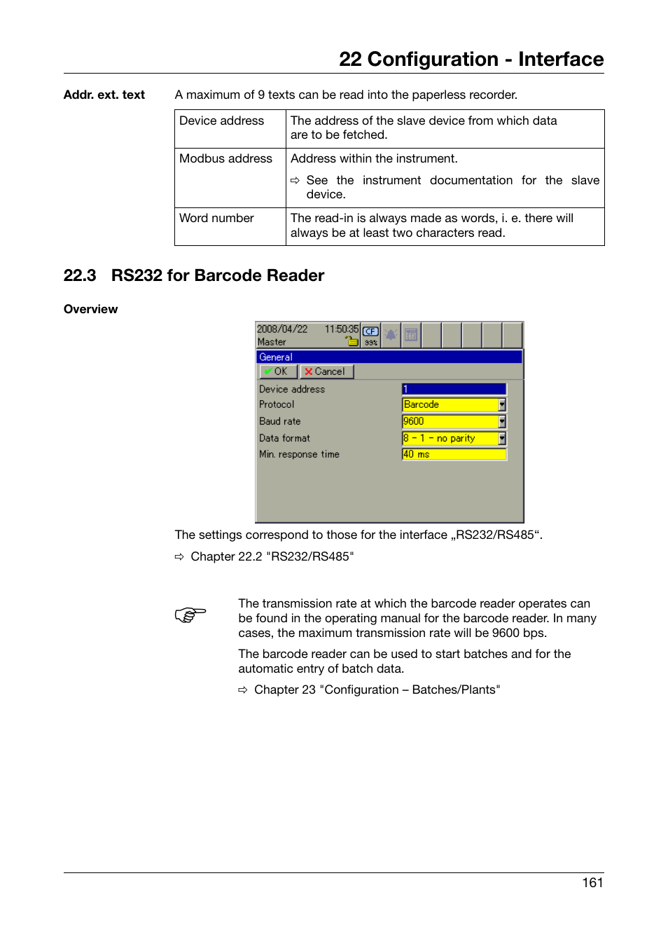 3 rs232 for barcode reader, Rs232 for barcode reader, 22 configuration - interface | West Control Solutions DataVU 7 User Manual | Page 161 / 208