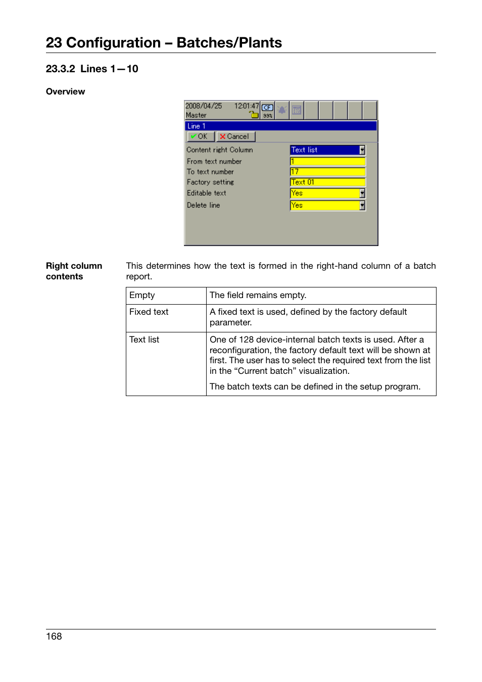 2 lines 1—10, 23 configuration – batches/plants | West Control Solutions DataVU 7 User Manual | Page 168 / 208