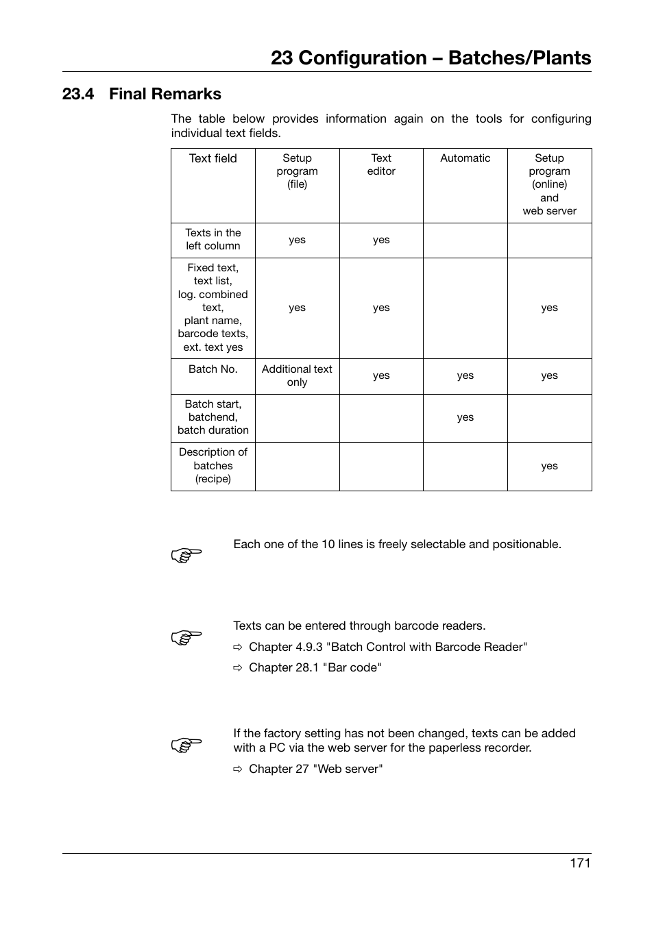 4 final remarks, Final remarks, 23 configuration – batches/plants | West Control Solutions DataVU 7 User Manual | Page 171 / 208