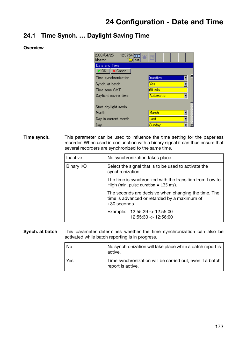 24 configuration - date and time, 1 time synch. … daylight saving time, Configuration - date and time | Time synch. … daylight saving time | West Control Solutions DataVU 7 User Manual | Page 173 / 208