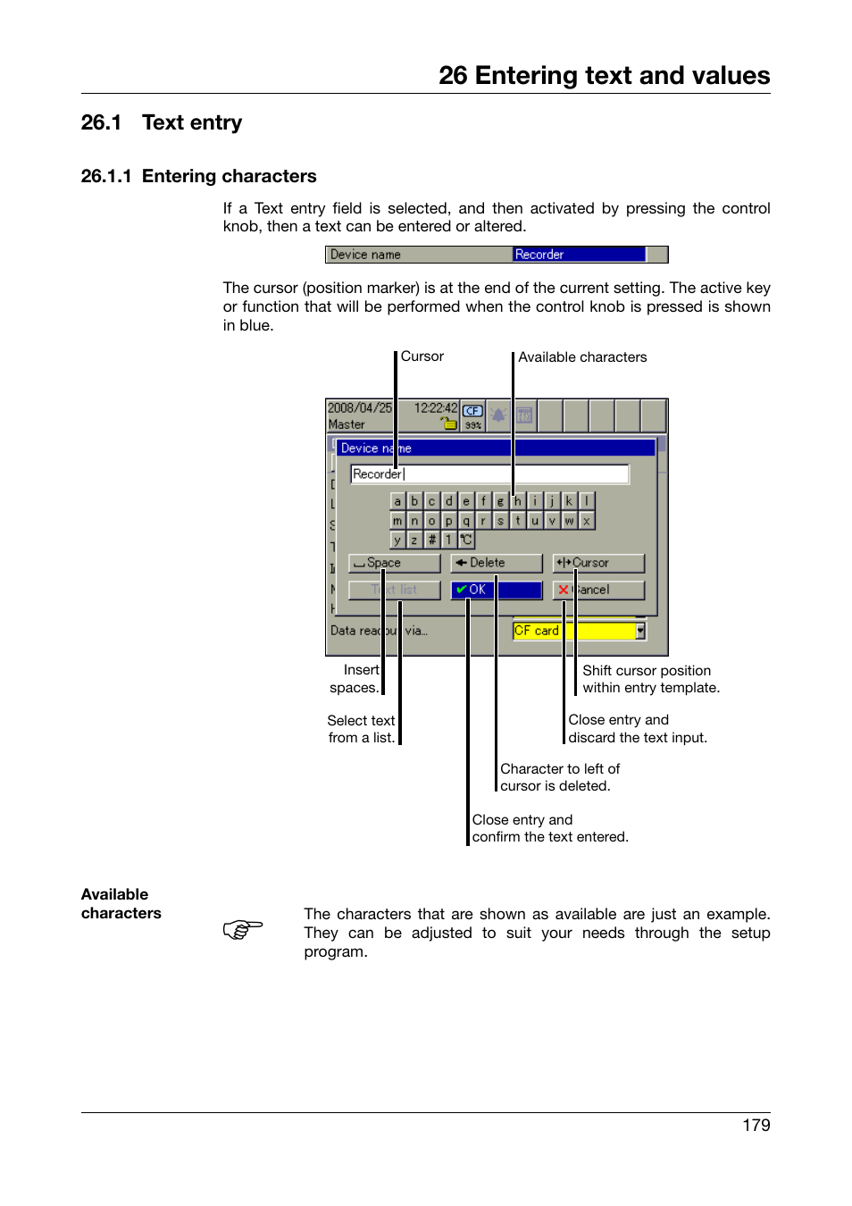 26 entering text and values, 1 text entry, 1 entering characters | Entering text and values, Text entry | West Control Solutions DataVU 7 User Manual | Page 179 / 208
