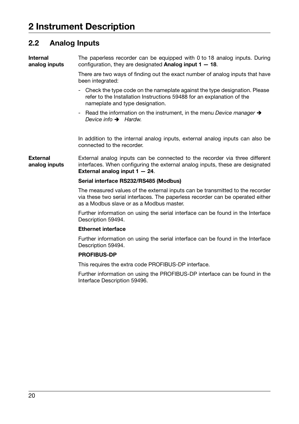 2 analog inputs, Analog inputs, 2 instrument description | West Control Solutions DataVU 7 User Manual | Page 20 / 208