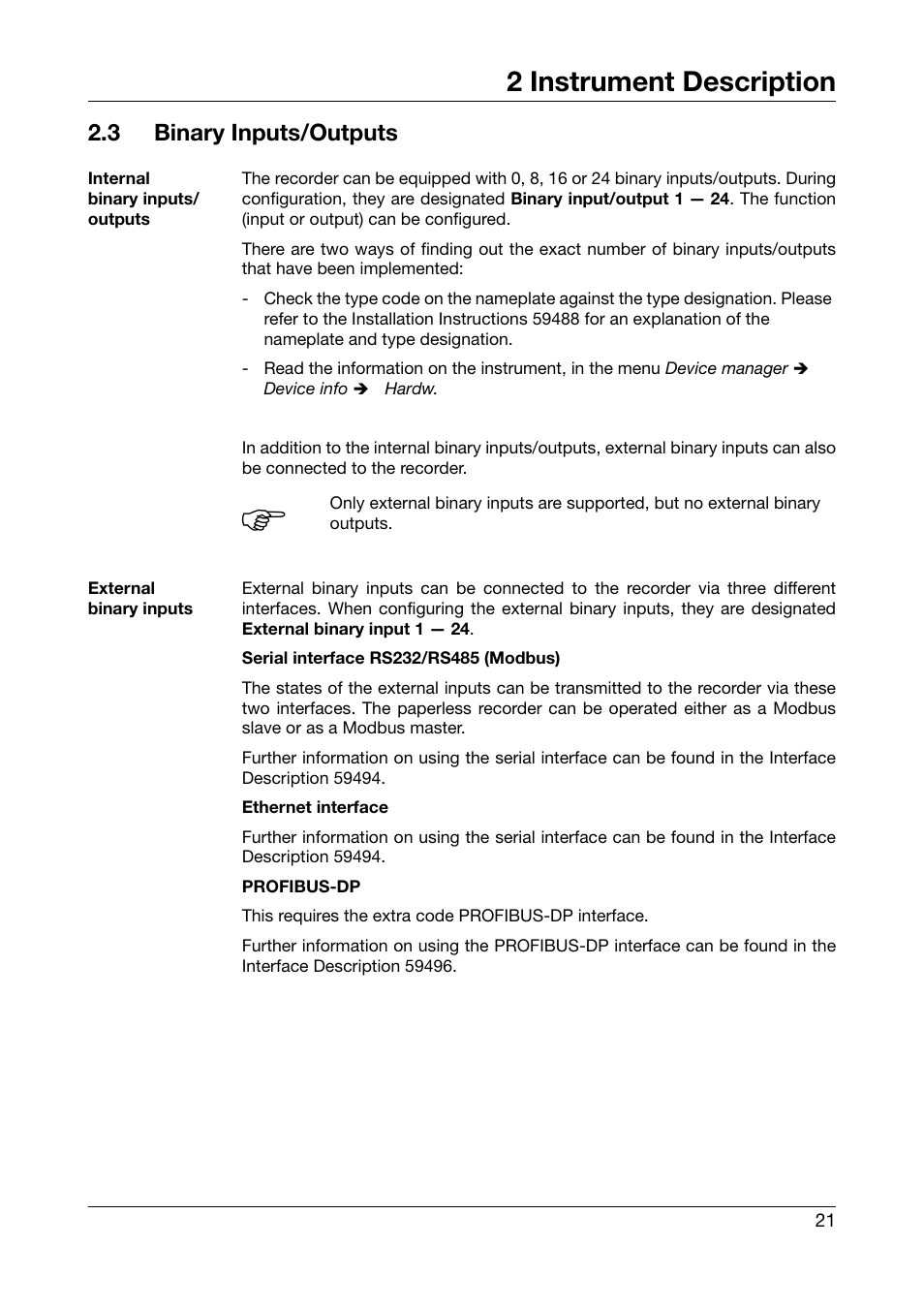 3 binary inputs/outputs, Binary inputs/outputs, 2 instrument description | West Control Solutions DataVU 7 User Manual | Page 21 / 208