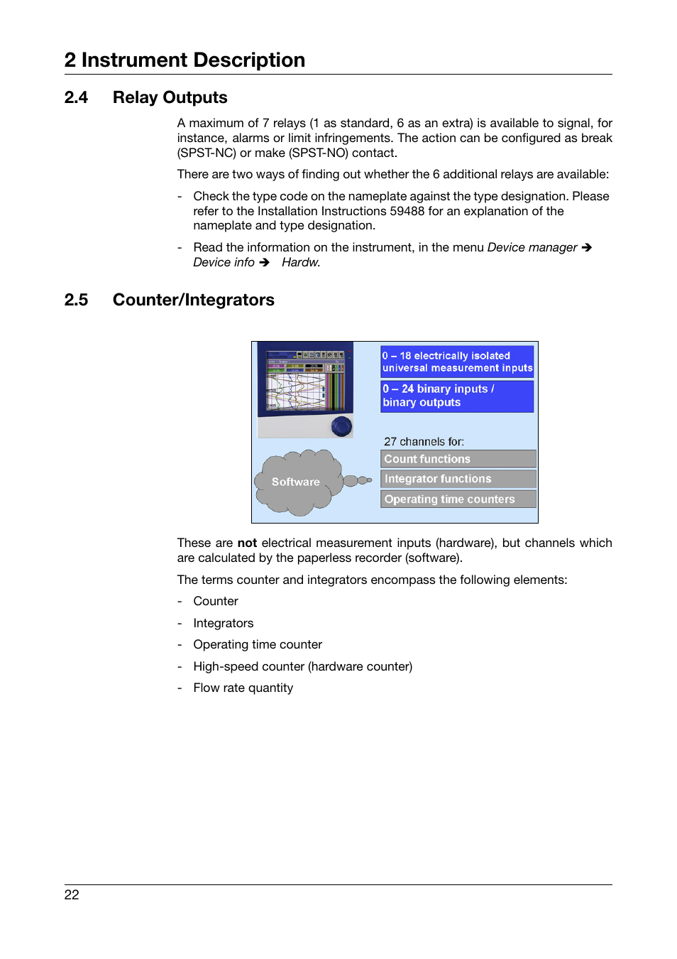 4 relay outputs, 5 counter/integrators, Relay outputs | Counter/integrators, 2 instrument description | West Control Solutions DataVU 7 User Manual | Page 22 / 208