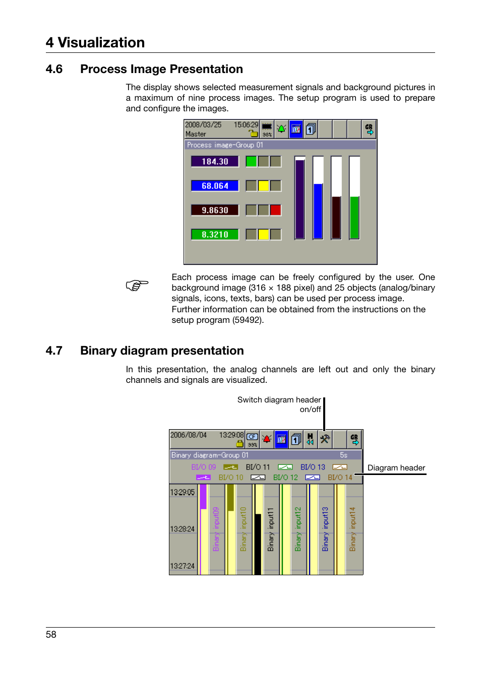 6 process image presentation, 7 binary diagram presentation, Process image presentation | Binary diagram presentation, Chapter 4.6, Chapter 4.7, 4 visualization | West Control Solutions DataVU 7 User Manual | Page 58 / 208