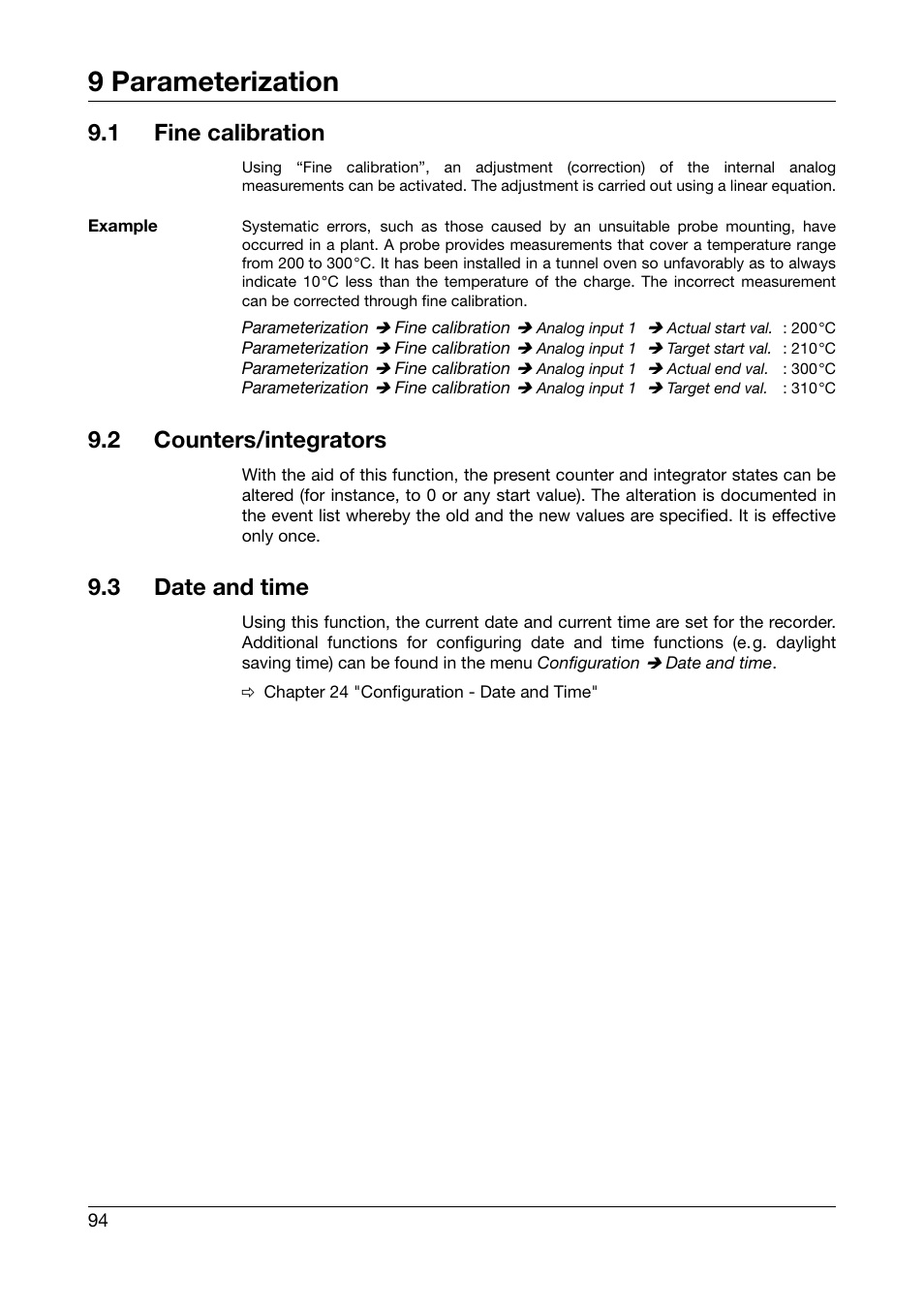 1 fine calibration, 2 counters/integrators, 3 date and time | Fine calibration, Counters/integrators, Date and time, 9 parameterization | West Control Solutions DataVU 7 User Manual | Page 94 / 208
