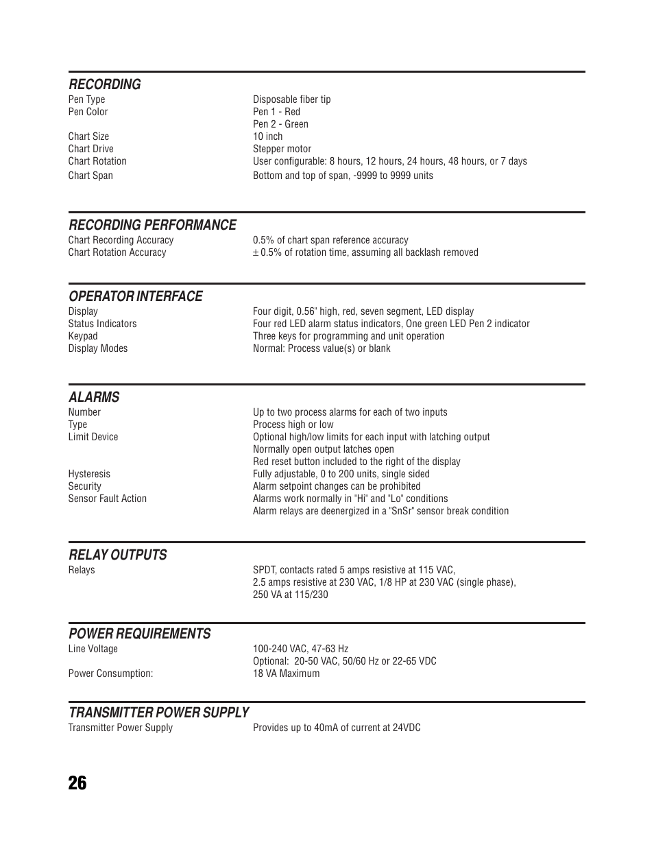 Recording, Recording performance, Operator interface | Alarms, Relay outputs, Power requirements, Transmitter power supply | West Control Solutions MRC 5000 Recorder Manual User Manual | Page 26 / 32