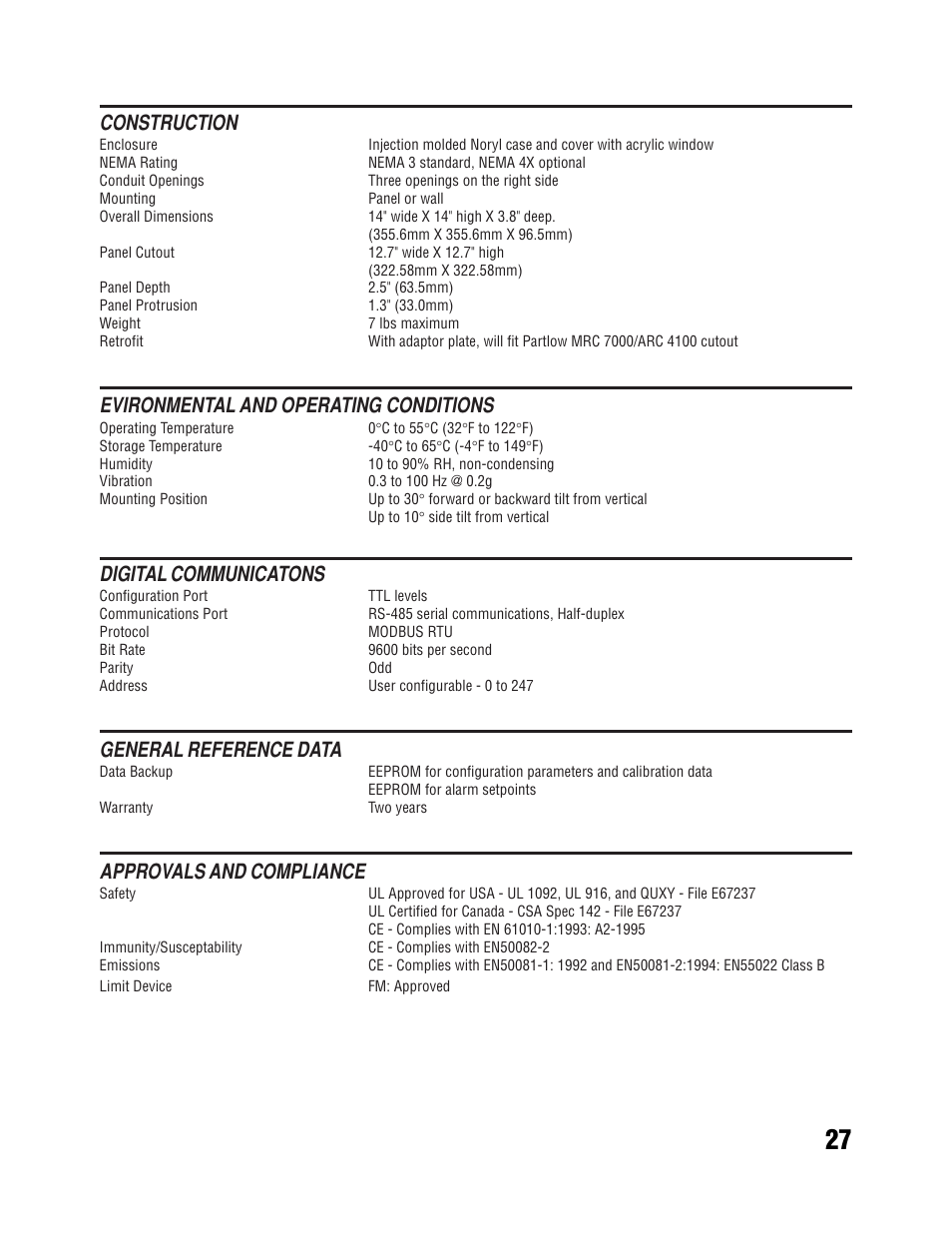 Construction, Evironmental and operating conditions, Digital communicatons | General reference data, Approvals and compliance | West Control Solutions MRC 5000 Recorder Manual User Manual | Page 27 / 32
