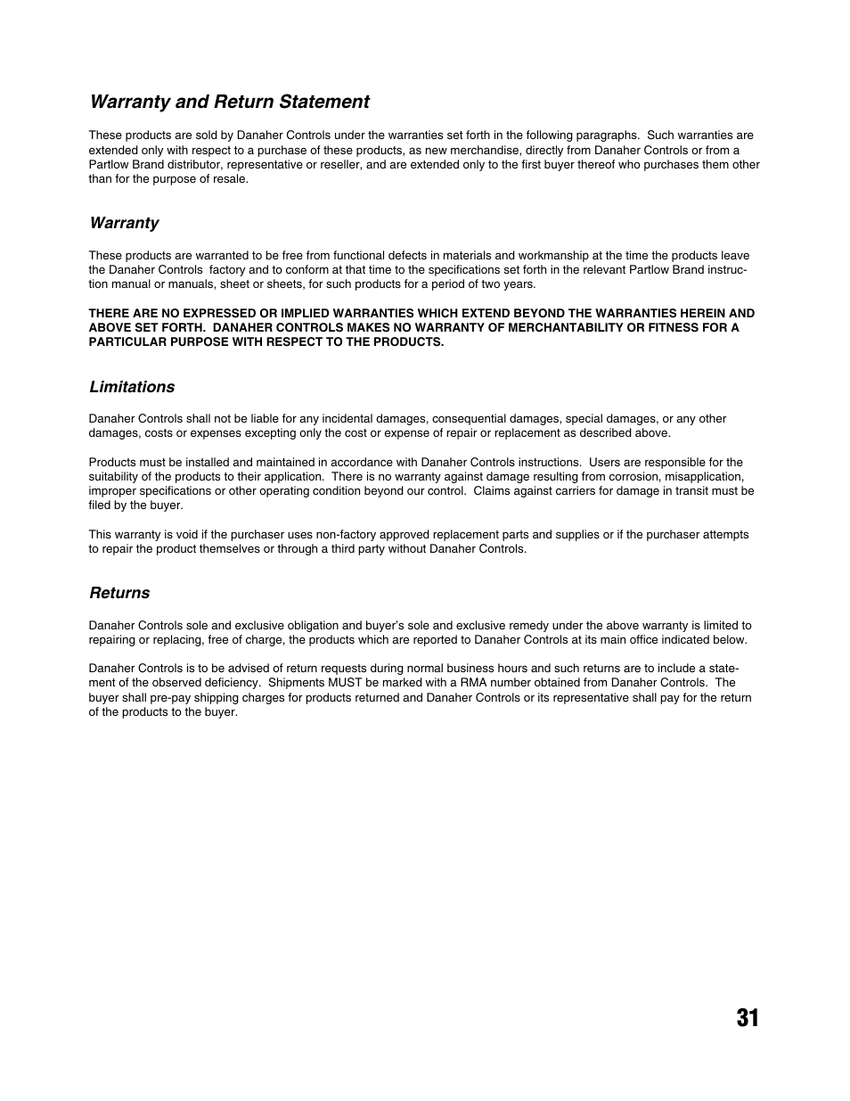 Warranty and return statement | West Control Solutions MRC 5000 Recorder Manual User Manual | Page 31 / 32