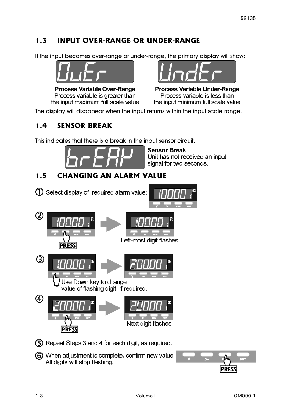 Input over-range or under-range, Sensor break, Changing an alarm value | West Control Solutions N8080 (for 1xxx) User Manual | Page 6 / 40