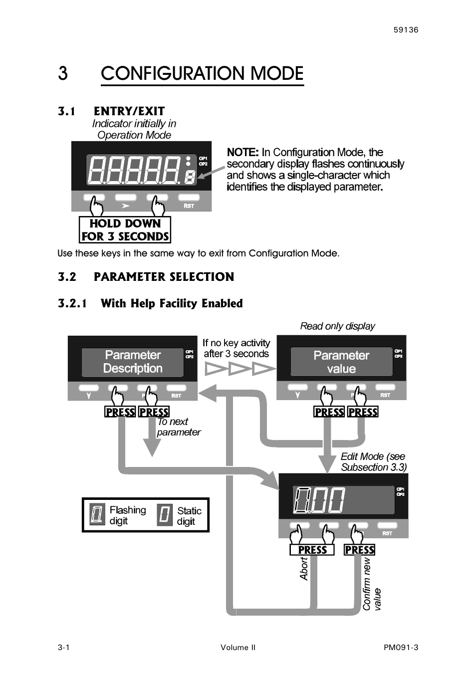 Configuration mode, Entry/exit, Parameter selection | With help facility enabled, 3configuration mode | West Control Solutions N8080 (for 2xxx) User Manual | Page 28 / 39