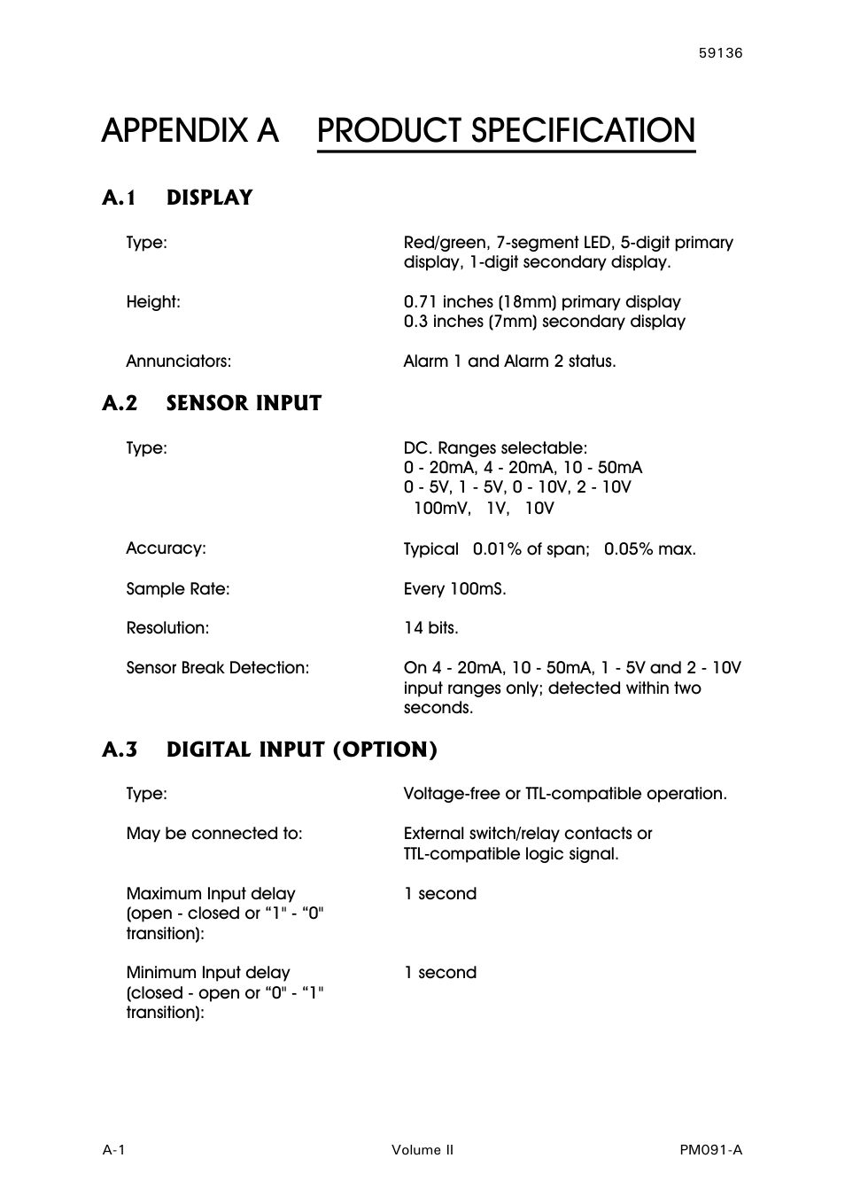 Product specification, Display, Sensor input | Digital input (option), Appendix a product specification | West Control Solutions N8080 (for 2xxx) User Manual | Page 36 / 39