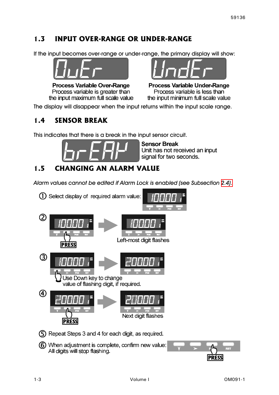 Input over-range or under-range, Sensor break, Changing an alarm value | West Control Solutions N8080 (for 2xxx) User Manual | Page 6 / 39