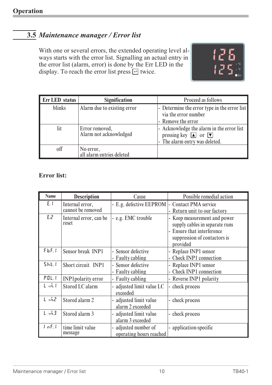 5 maintenance manager / error list 10, Error list 10, Maintenance manager 10 | 5 maintenance manager / error list, Operation | West Control Solutions TB 40-1 Temperature Limiter User Manual | Page 10 / 32