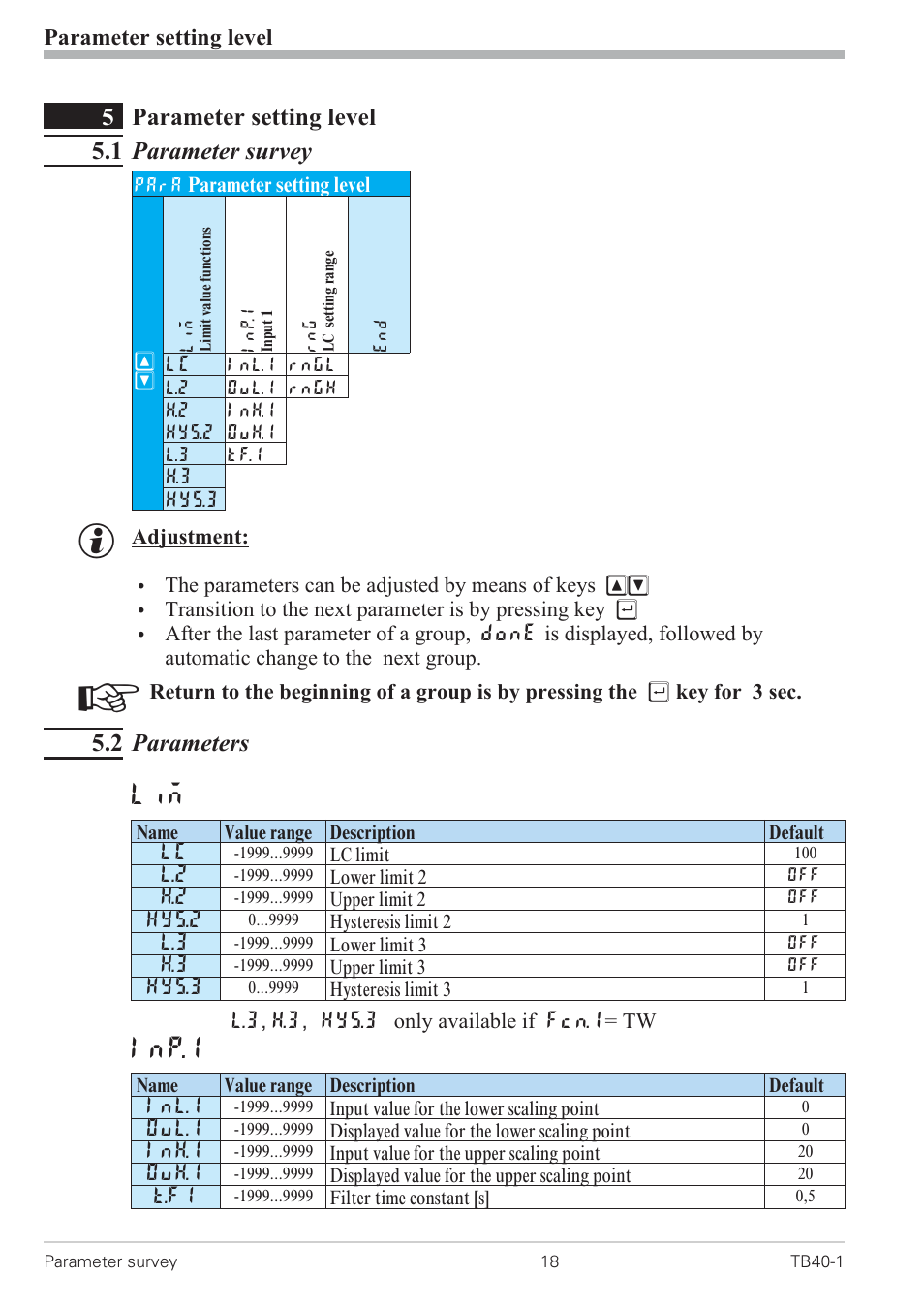 5 parameter setting level 18, 1 parameter survey 18, 2 parameters 18 | Parameter setting 18, Parameter setting level 18 - 19, Inp.1, 5parameter setting level 5.1 parameter survey, 2 parameters, Parameter setting level | West Control Solutions TB 40-1 Temperature Limiter User Manual | Page 18 / 32