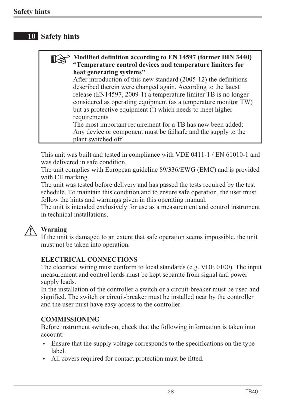 10 safety hints 28, Safety hints 28 - 30 | West Control Solutions TB 40-1 Temperature Limiter User Manual | Page 28 / 32