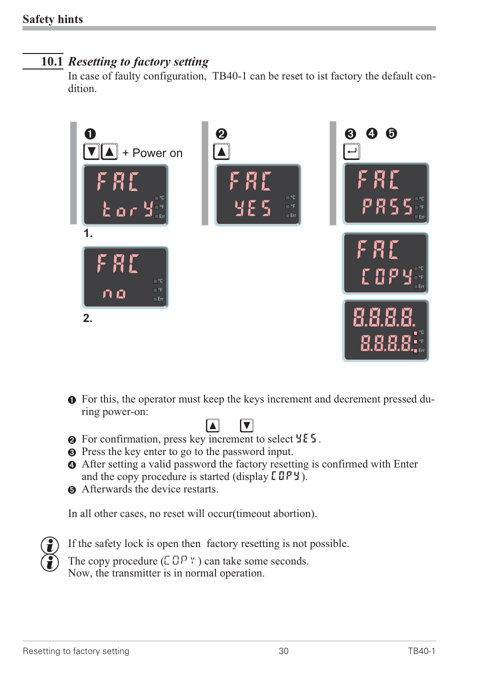 1 resetting to factory setting 30, Resetting to factory setting 30, Tory | Copy, Pass | West Control Solutions TB 40-1 Temperature Limiter User Manual | Page 30 / 32