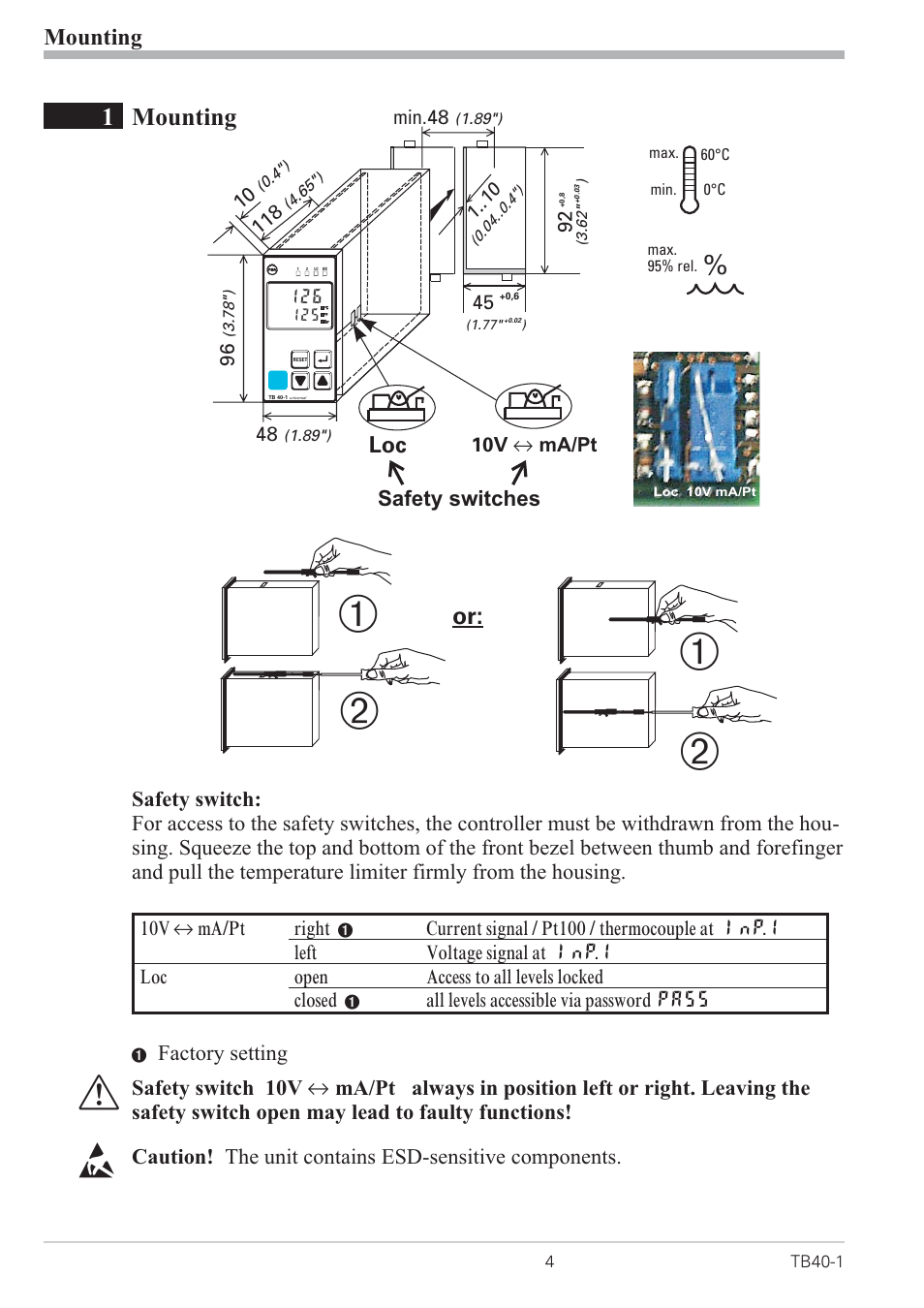 1 mounting 4, Mounting 4, Safety switch 4 | Ь * ь, 1mounting, Mounting, Factory setting, Safety switches | West Control Solutions TB 40-1 Temperature Limiter User Manual | Page 4 / 32
