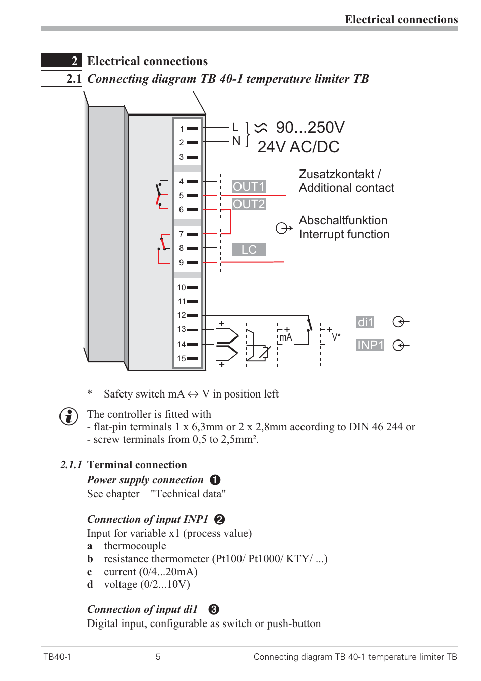 2 electrical connections 5, 1 terminal connection 5, Connecting diagramm 5 - 6 | 90 v 24v ac/dc | West Control Solutions TB 40-1 Temperature Limiter User Manual | Page 5 / 32