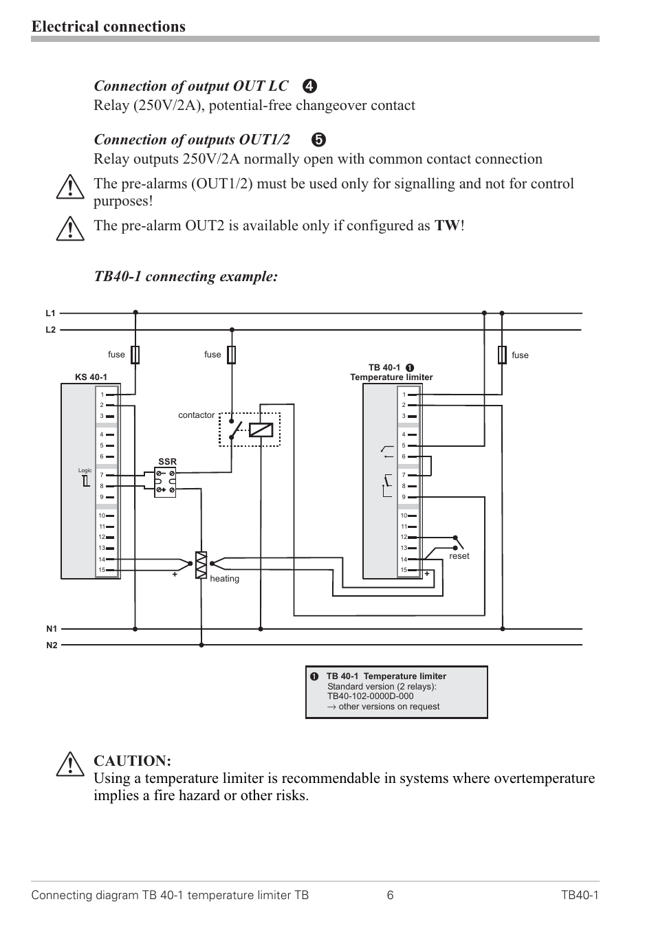 Connecting example 6, Electrical connections | West Control Solutions TB 40-1 Temperature Limiter User Manual | Page 6 / 32