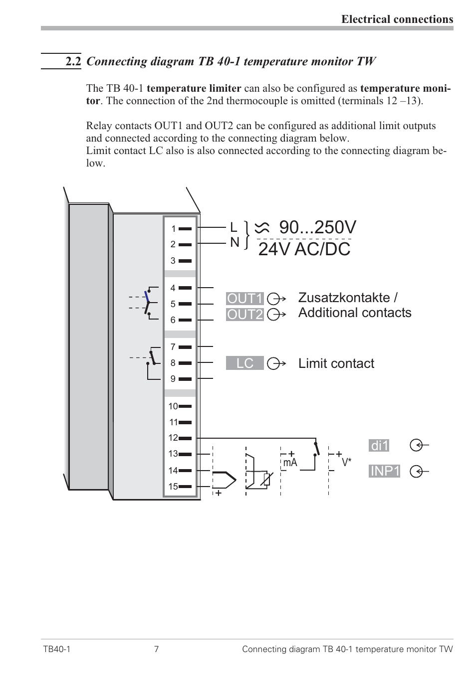 90 v 24v ac/dc, Di1 inp1 | West Control Solutions TB 40-1 Temperature Limiter User Manual | Page 7 / 32
