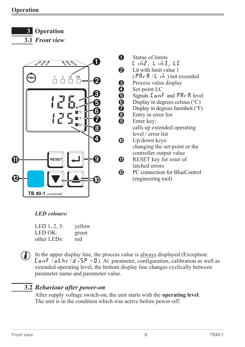 3 operation 8, 1 front view 8, 2 behaviour after power-on 8 | Front view 8, Err - led 8, Led colours 8, Reset key 8 | West Control Solutions TB 40-1 Temperature Limiter User Manual | Page 8 / 32