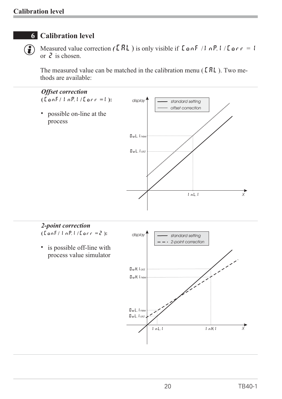 3 input scaling inp.1 20, Input scaling 20, 6calibration level | Cal), Calibration level, Measured value correction | West Control Solutions TB 40-1 Temperature Monitor User Manual | Page 20 / 32