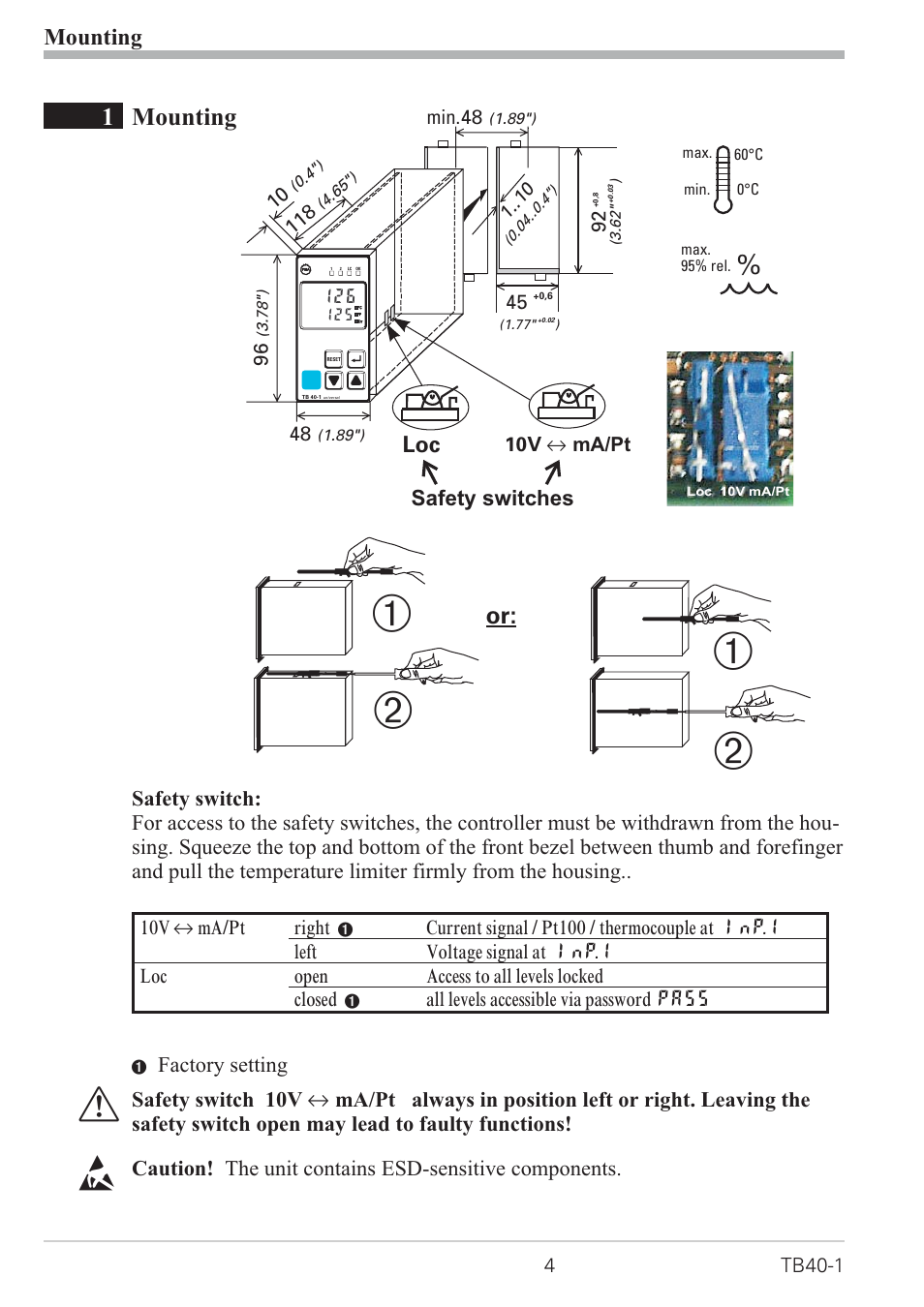1 mounting 4, Mounting 4, Safety switch 4 | Ь * ь, 1mounting, Mounting, Factory setting, Safety switches | West Control Solutions TB 40-1 Temperature Monitor User Manual | Page 4 / 32