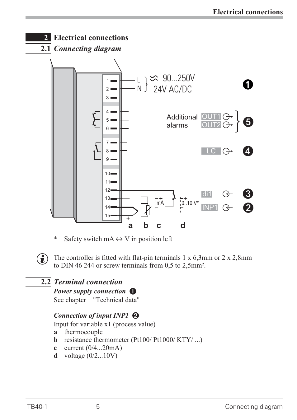 2 electrical connections 5, 1 connecting diagram 5, 2 terminal connection 5 | Connecting diagramm 5, 90 v 24v ac/dc, Ab c d, 2electrical connections 2.1 connecting diagram, 2 terminal connection | West Control Solutions TB 40-1 Temperature Monitor User Manual | Page 5 / 32