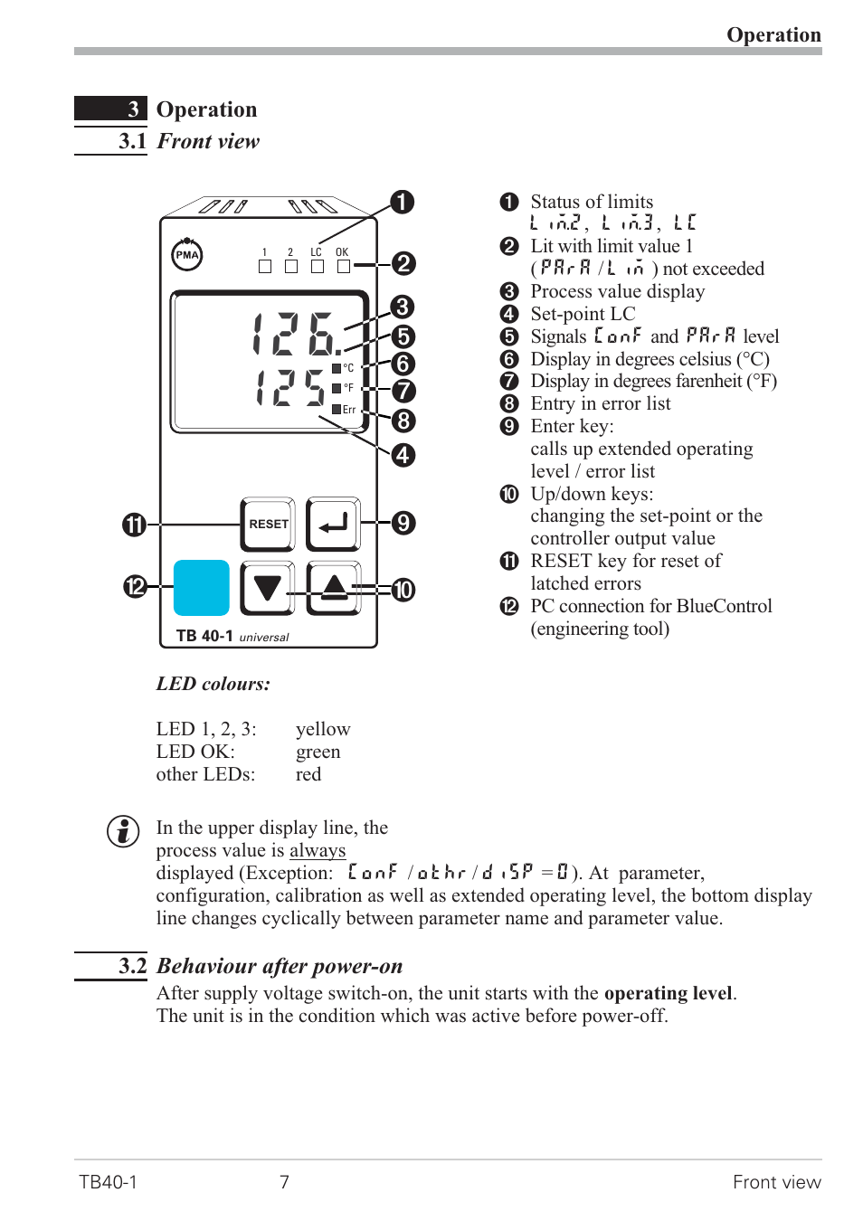 3 operation 7, 1 front view 7, 2 behaviour after power-on 7 | Front view 7, Err - led 7, Led colours 7, Reset key 7 | West Control Solutions TB 40-1 Temperature Monitor User Manual | Page 7 / 32