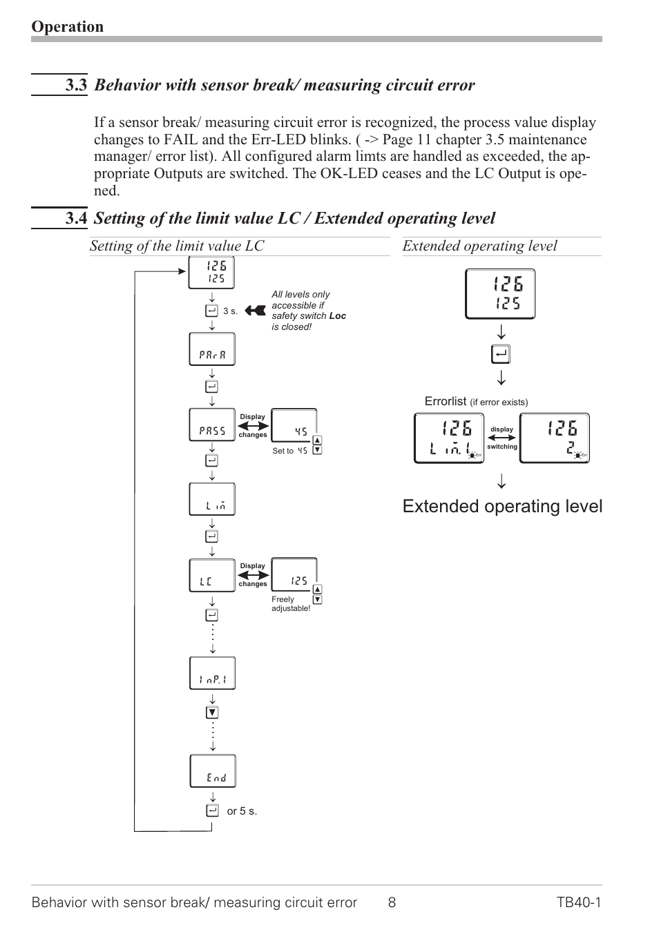 Extended operating level 8 - 9, Setting of limit value lc 8 - 9, Extended operating level | Operation, Lim.1, Setting of the limit value lc | West Control Solutions TB 40-1 Temperature Monitor User Manual | Page 8 / 32