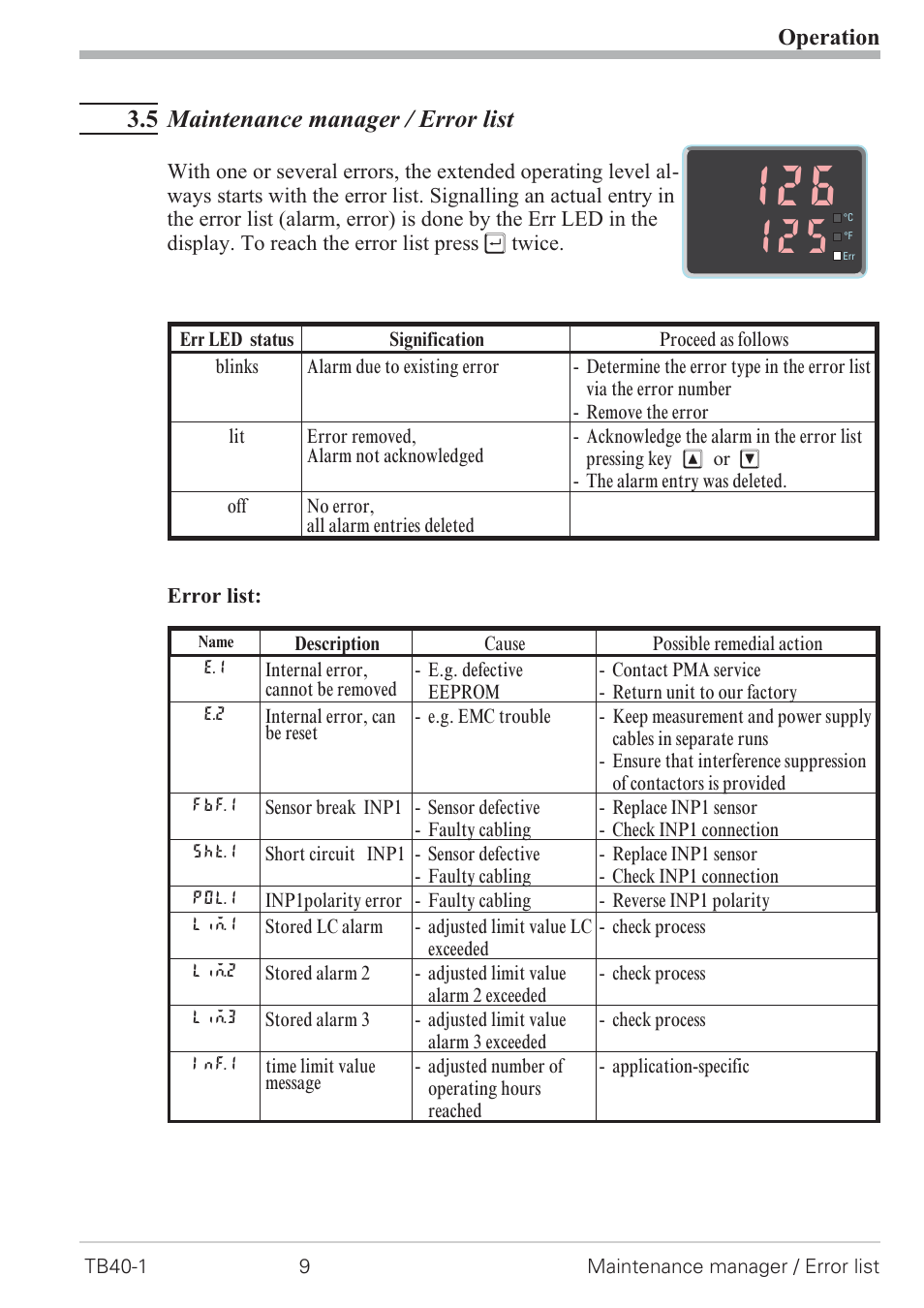 5 maintenance manager / error list, Operation | West Control Solutions TB 40-1 Temperature Monitor User Manual | Page 9 / 32
