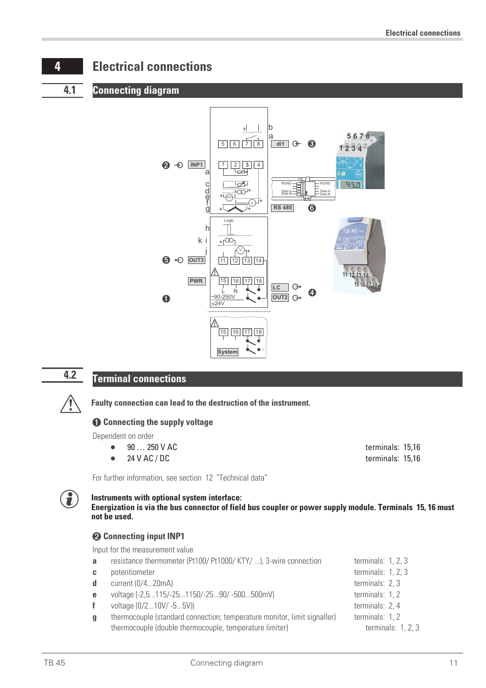 Electrical connections 11, 1 connecting diagram 11, 2 terminal connections 11 | Inp1 11, Connecting diagram 11, Terminal connections 11 - 12, Electrical connections 4.1, Connecting diagram, Terminal connections, 4 electrical connections | West Control Solutions TB 45 Temperature Limiter User Manual | Page 11 / 51