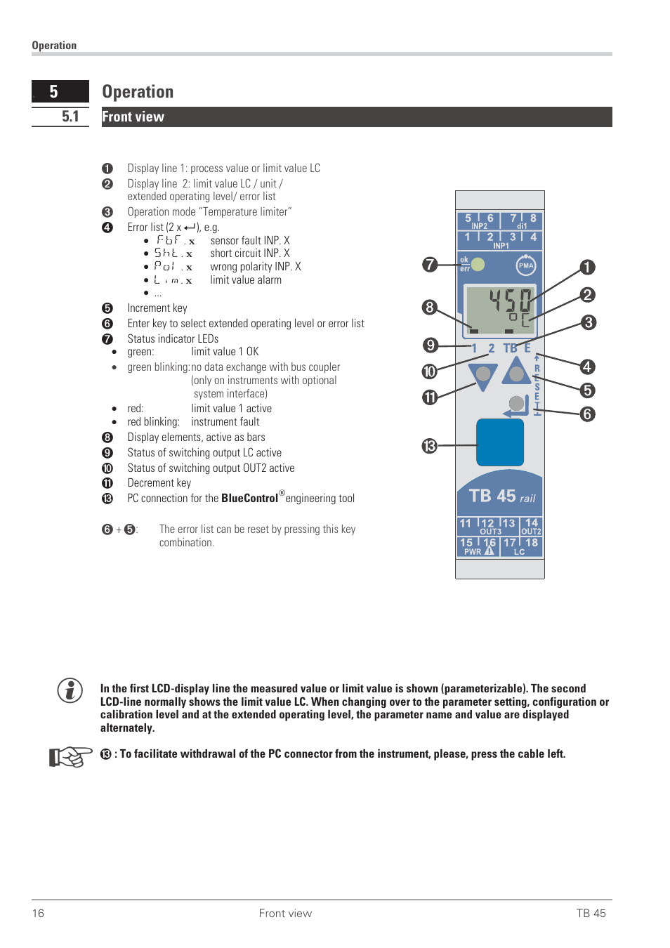 Operation 16, 1 front view 16, Front view 16 | Operation 16 - 20, Operation 5.1, Front view, 5 operation | West Control Solutions TB 45 Temperature Limiter User Manual | Page 16 / 51