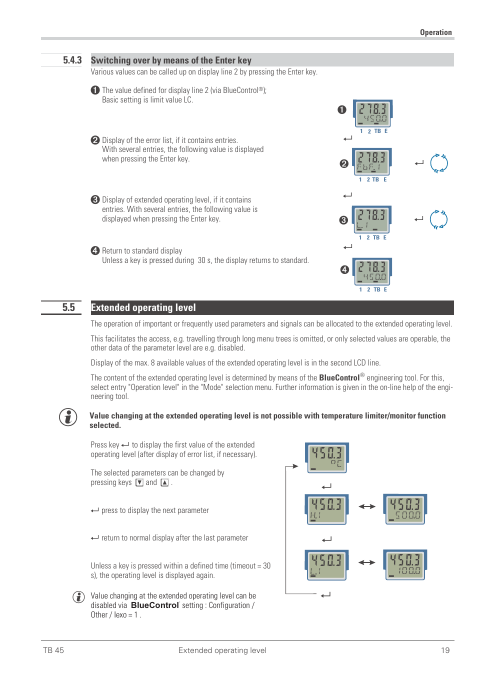 3 switching over by means of the enter key 19, 5 extended operating level 19, Extended operating level 19 | 3 switching over by means of the enter key, Extended operating level | West Control Solutions TB 45 Temperature Limiter User Manual | Page 19 / 51