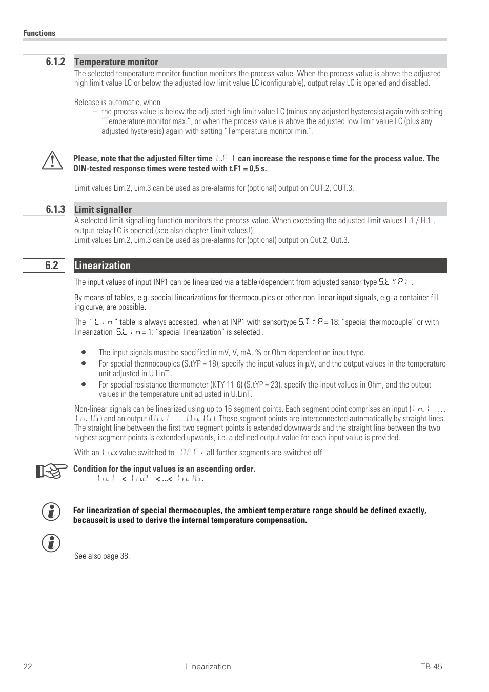 2 temperature monitor 22, 3 limit signaller 22, 2 linearization 22 | 2 temperature monitor 6.1.3 limit signaller, Linearization | West Control Solutions TB 45 Temperature Limiter User Manual | Page 22 / 51